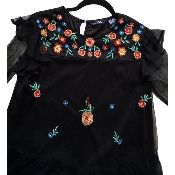 Life Style Women Black Mesh Embroidery Floral Blouse Bell Sleeve Sheer Overlay M - Picture 2 of 8